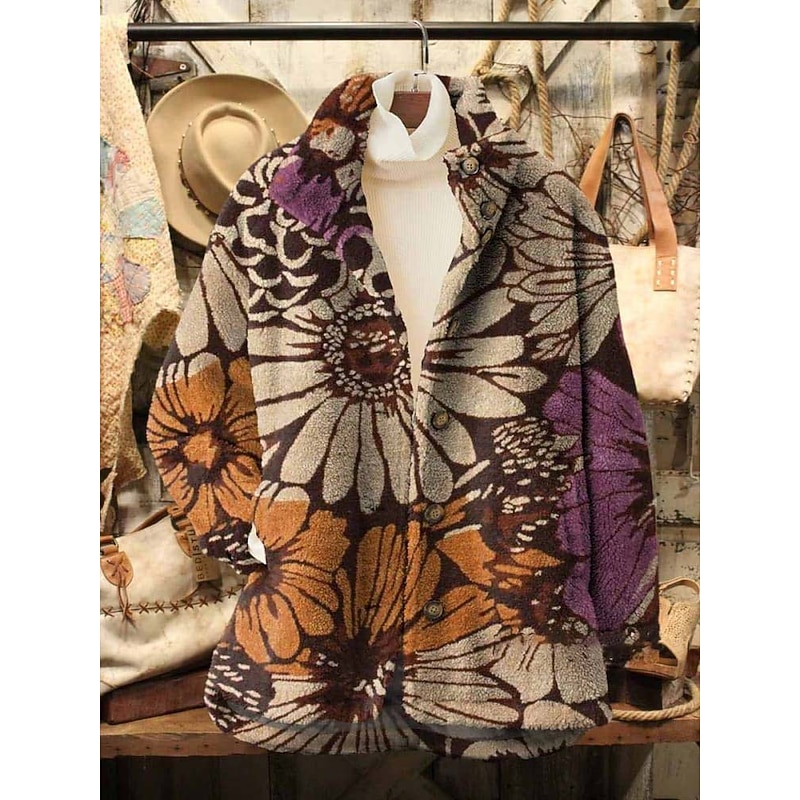 Women's Fleece Jacket Casual Jacket Comfortable Breathable Pocket Print Casual Floral Vacation Street Casual Daily Wear Zipper Regular Turndown Loose Fit Long Sleeve Outerwear Black Pink Blue Spring3