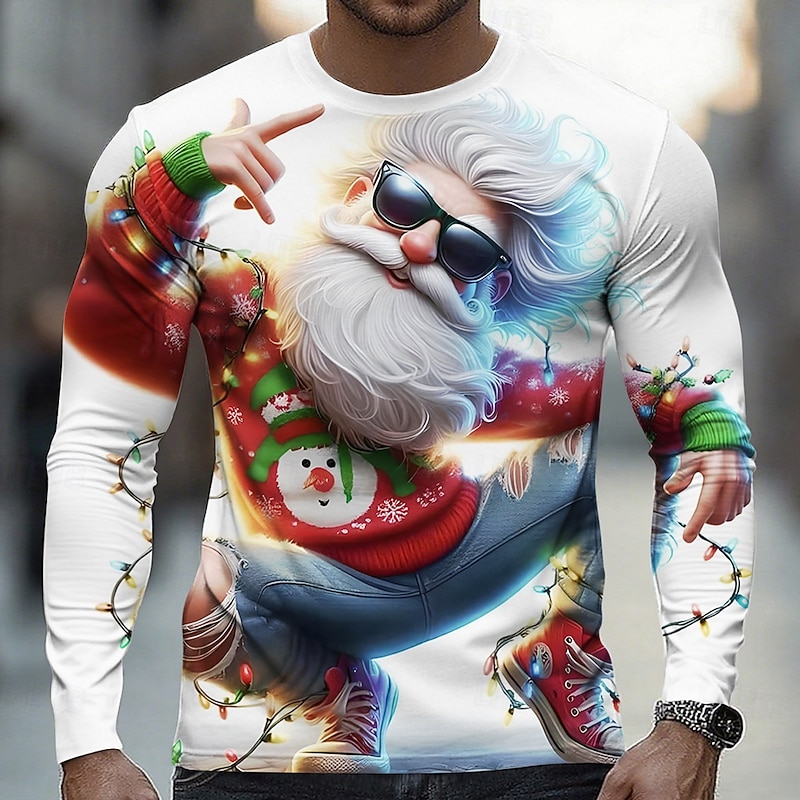Christmas Men's Santa Claus Funny T Shirt Long Sleeve T shirt 3D Print Crew Neck Shirt Fashion Basic 3D Street Casual Daily Blue 2# White Blue Summer Spring Clothing Apparel S M L XL XXL XXXL