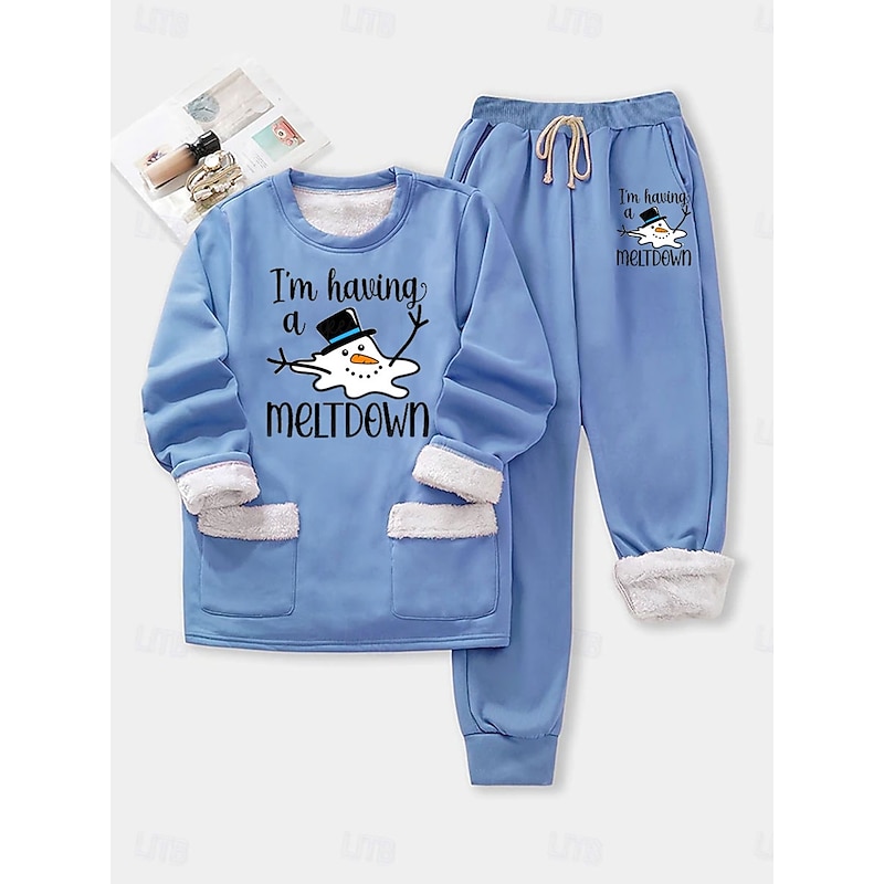 Women's Warm Daily Two Piece Sets Tracksuit Pants Sets Long Sleeve Crew Neck Graphic Geometric Letter Drawstring Print Casual Daily Pink Blue Gray Fall Regular Fit