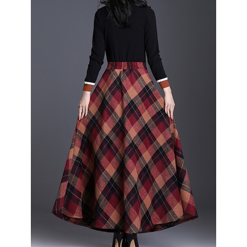 Women's Skirt A Line Elegant Fashion Maxi High Waist Skirts Plaid Pocket Print Micro-elastic Christmas Street Red Blue Green Khaki Spring Polyester3