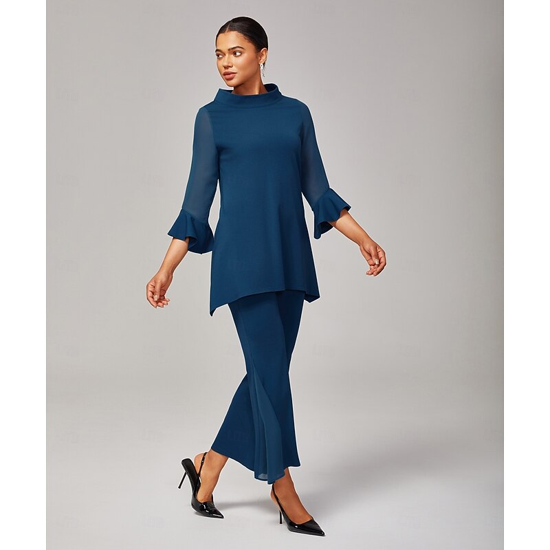 Women's Navy Blue Chiffon Modal Matching Set Blouse Bell Bottom Pants Elegant Stylish Comfortable Daily Work Evening Wear Fall4