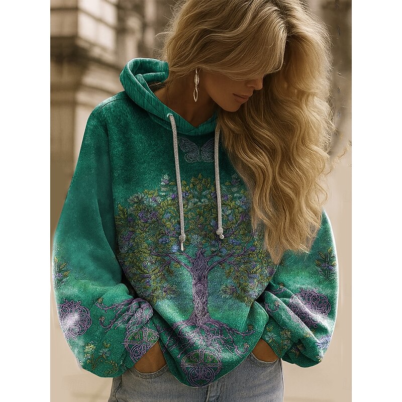 Women's Pullover Hoodie Sweatshirt Floral Graphic Elegant Warm Active Long Sleeve Hooded Regular Tops Street Dailywear Casual Patchwork Print Red Blue Purple Fuchsia Green Spring Fall Winter3