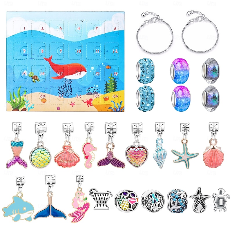 Christmas Advent Calendar Bracelets 2025 Ocean Theme, 24 Days DIY Jewelry Making Kit with Mermaid & Sea Charm Beads, 2 Adjustable Bracelets, Xmas Countdown Gift for Girls Kids Teens Women