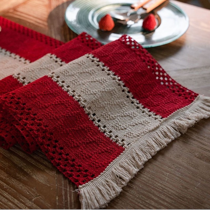 American Style Cotton Linen Table Runner, Striped Two-Tone Woven Fabric with Tassels, Natural Material Holiday Decoration