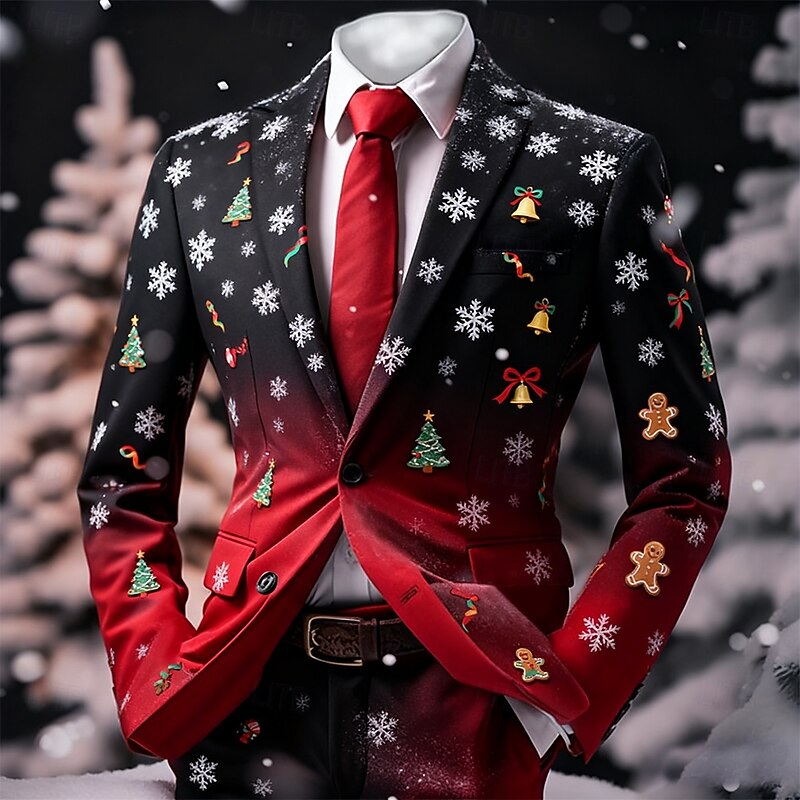 Men's Blazer Coat Christmas Outdoor Casual Casual Daily Fall / Winter 100% Polyester Christmas Tree Snowflake 3D Print Buttons Thermal Warm Comfortable Single Breasted Blazer Black Red2