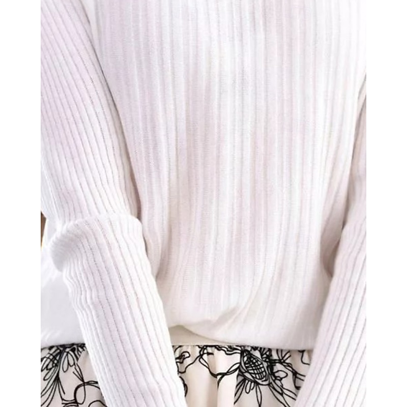 Women's Sweater Pullover Streetwear Casual Solid Color Stand Collar Lace Patchwork Knitted Long Sleeve Regular Tops Knit Daily Holiday Going out Black White Fall Winter2