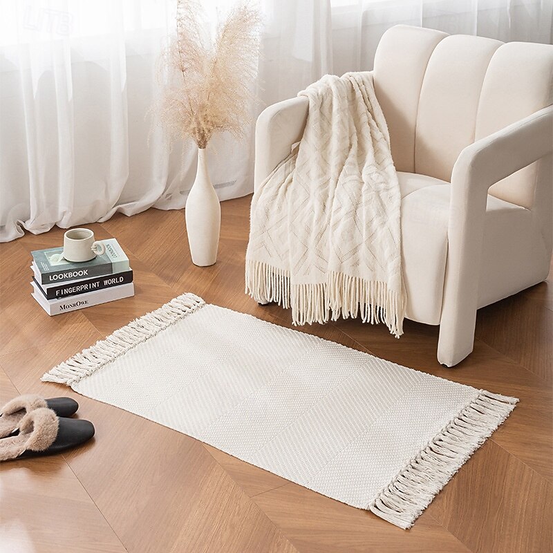 Minimalist Cotton Woven Tassel Rug For Living Room High End Polyester Blend Sofa Cushion Entryway Mat Bedroom Bedside Carpet Window Seat Decorative Soft Washable Floor Rug4