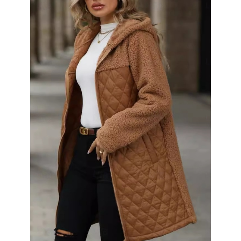 Women's Winter Coat Hoodie Jacket Comfortable Breathable Zipper Pocket Casual Plain Vacation Street Casual Daily Wear Zipper Long Hooded Regular Fit Long Sleeve Outerwear Black Camel Army Green3