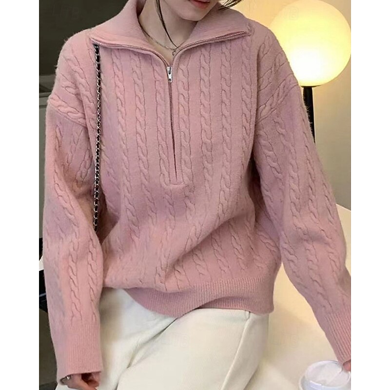 Women's Sweater Fashion Casual Solid Color Ribbed Half Zip Knitted Long Sleeve Regular Tops Knit Outdoor Daily Weekend Pink Fall Winter4