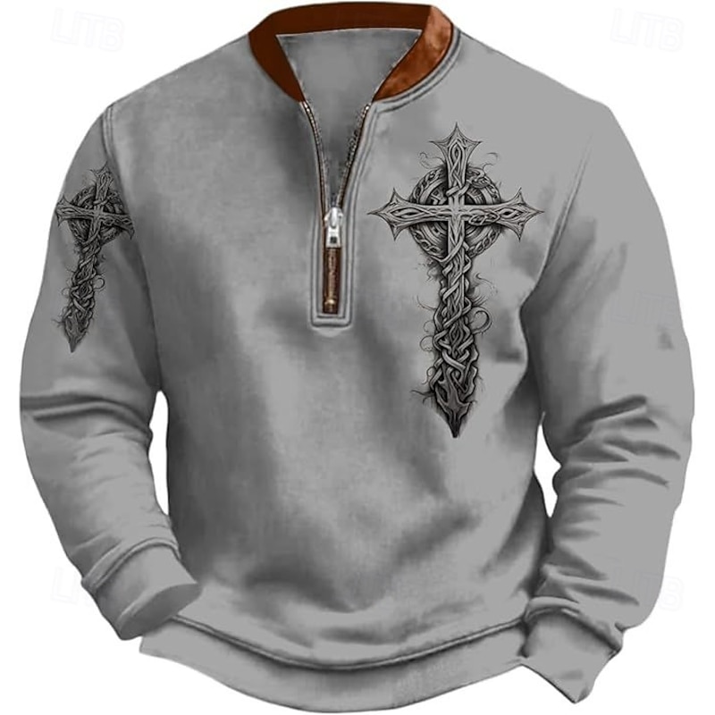 Men's Quarter Zip Sweatshirt White Gray Half Zip Cross Front Pocket Quarter Zip Daily Holiday Going out Polyester Vintage Streetwear Retro Fall Winter Clothing Apparel Hoodies Sweatshirts2