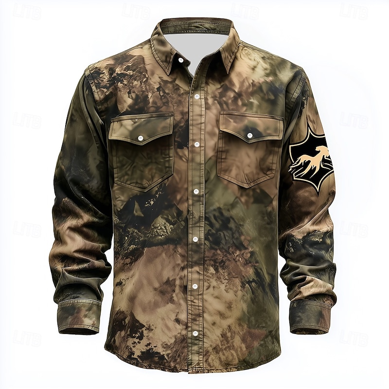 Men's Camo Camouflage Shirt Western Shirt Cowboy Shirt Long Sleeve Vintage Retro Outdoor WorkWear Hunting Spring Fall Turndown Front Two Pockets Linen Like Shirt Button Up Shirts Camouflage khaki