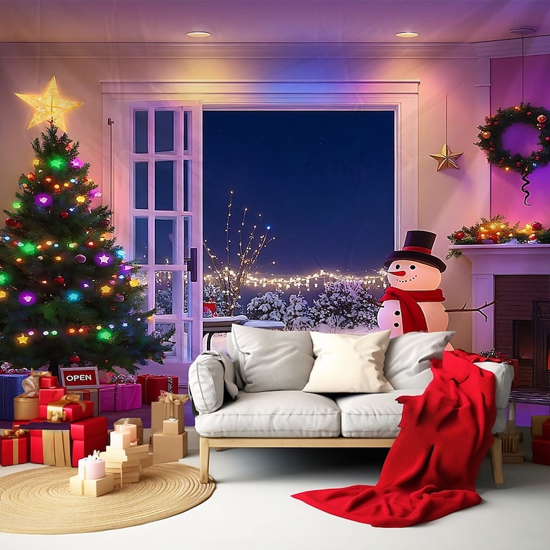Chrismas Hanging Tapestry Teddy Bear By Window Christmas Tree Snowy Outdoor Scene Large Wall Art Mural Decor Blanket Curtain Holiday Home Bedroom Living Room Festive Seasonal Party Decoration2