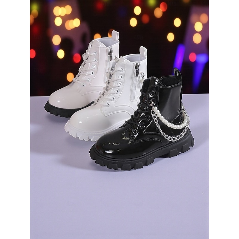 Korean Idol Inspired Pop Star Costume Shoes Girls' Combat Boots with Chunky Sole Lace-Up Design and Pearl Chain Detail for Fashion Outfits and Casual Wear