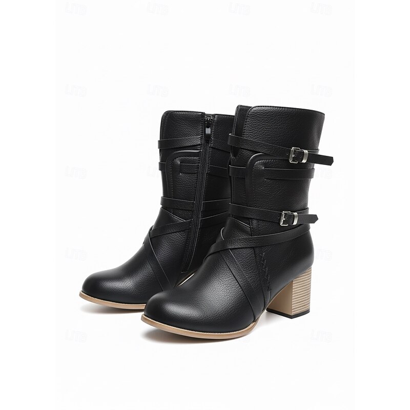 Women's Black Faux Leather Ankle Boots with Zipper and Strap Detailing, Stylish Mid-Heel Boots for Casual and Western Wear2