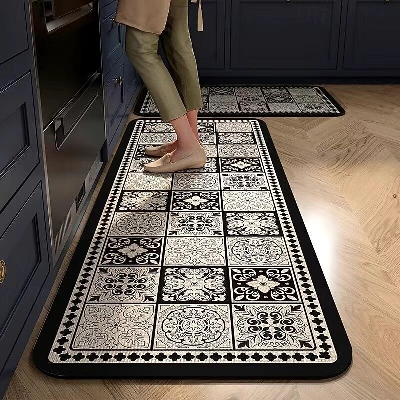 Kitchen Rugs Mats Non-Skid Washable Anti-Fatigue, Non-Slip Absorbent Crystal Velvet Runner Rubber Backed for Floors, Machine Washable Moroccan Mosaic Vintage Standing Mats for Laundry Room, Hallway4