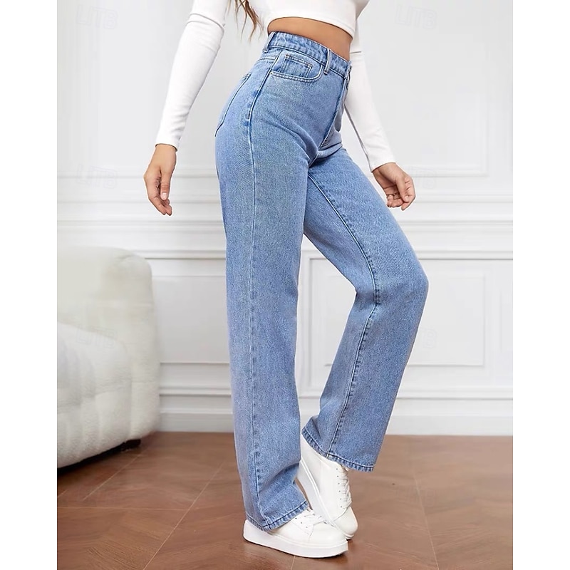 Women's Jeans Chinos Straight Vacation Vintage Streetwear Full Length Medium Waist Plain Pocket Elastic Waist Comfortable Inelastic Micro-elastic Outdoor Street Daily Black Grey Navy Black White Fall3