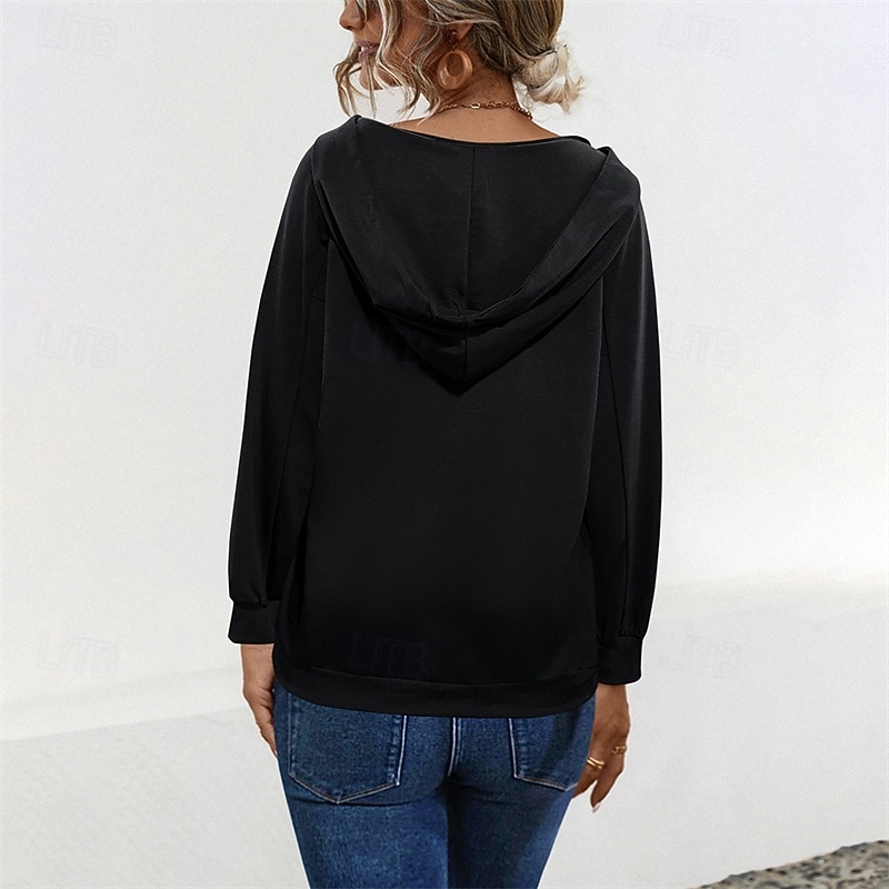Women's Pullover Hoodie Sweatshirt Plain Sports Fashion Casual Long Sleeve Hooded Regular Tops Street Dailywear Drawstring Black Fall Winter2