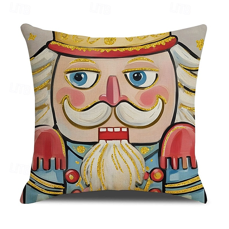 New Christmas Nutcracker Pillow Cover, Linen Printed Decorative Cushion, Cartoon Wooden Soldier Throw Pillow for Holiday Home Decor2