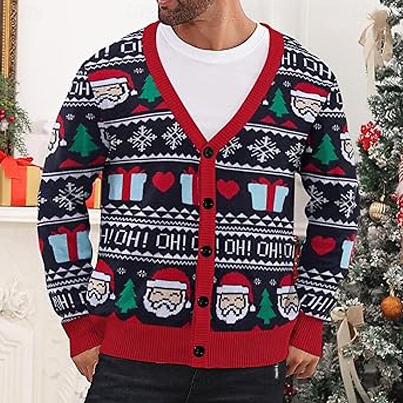 Ugly Christmas Sweater Men's Santa Claus Christmas Pattern Cardigan Sweater Knitwear V Neck Casual School Vacation Daily 3D Print Keep Warm Long Sleeve Spring Fall Winter Red2