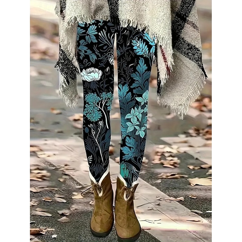 Women's Leggings Vacation Vintage Fashion Full Length High Waist Floral Graphic Leaf Printing Thermal Warm Soft Breathable Stretchy Vacation Street Deep Green Lake blue Amethyst Spring Fall Winter