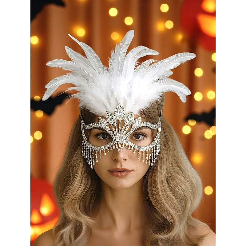 Women's Gatsby Feather Masquerade Mask with Rhinestones - Elegant Costume Accessory for Halloween Party, Cocktail Event and 1920s Themed Ball - Main Image