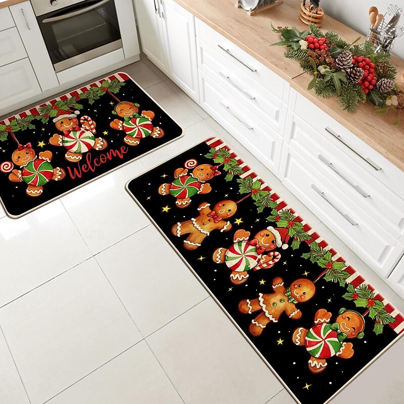 Christmas Cartoon Kitchen Floor Mat 2-Piece Set, Santa Claus Holiday Decoration, Festive Kitchen Rug2