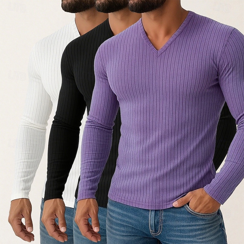 3Pcs Men's T Shirt Ribbed Knit tee Tee Top Long Sleeve Shirt Long Sleeve V Neck Spring Fall Winter Plain Pit Strip Fashion Designer Basic 3-Piece Knitting Vacation Street Tee2