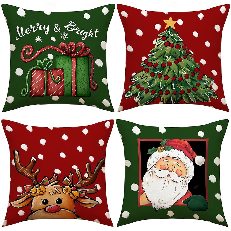 Christmas Pillow Covers, Linen Santa Print Decorative Sofa Cushions, Holiday Home Throw Pillows for Living Room & Bedroom