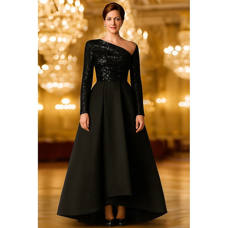 Black Red A-Line Evening Gown Elegant Dress Formal Wedding Asymmetrical Long Sleeve One Shoulder Pocket Satin with Glitter Shawl 2025