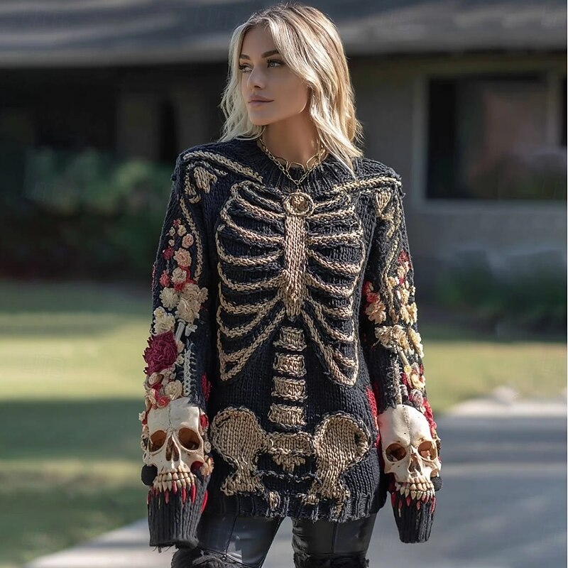 Halloween Women's Sweater Skeleton  Cute Streetwear Casual Graphic Skeleton Crew Neck Patchwork Knitted Long Sleeve Regular Tops KnitBlack Pink Fall Winter2