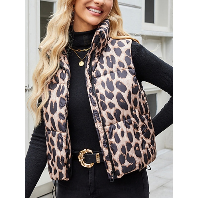 Women's Casual Jacket Vest Comfortable Breathable Pocket Print Casual Leopard Vacation Street Casual Daily Wear Zipper Short Stand Collar Regular Fit Sleeveless Outerwear White Yellow Spring Fall