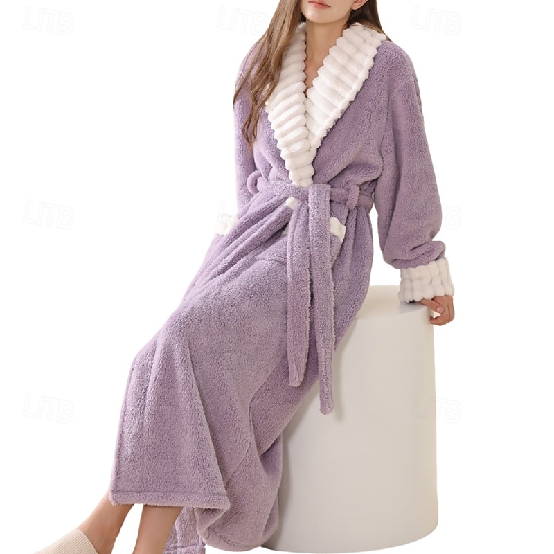 Women's Pajamas Robe Fashion Patchwork Embroidered Pocket Vacation Home Bed Long Sleeve Lapel Purple Brown Green Gray Fall Winter Tailored Fit3