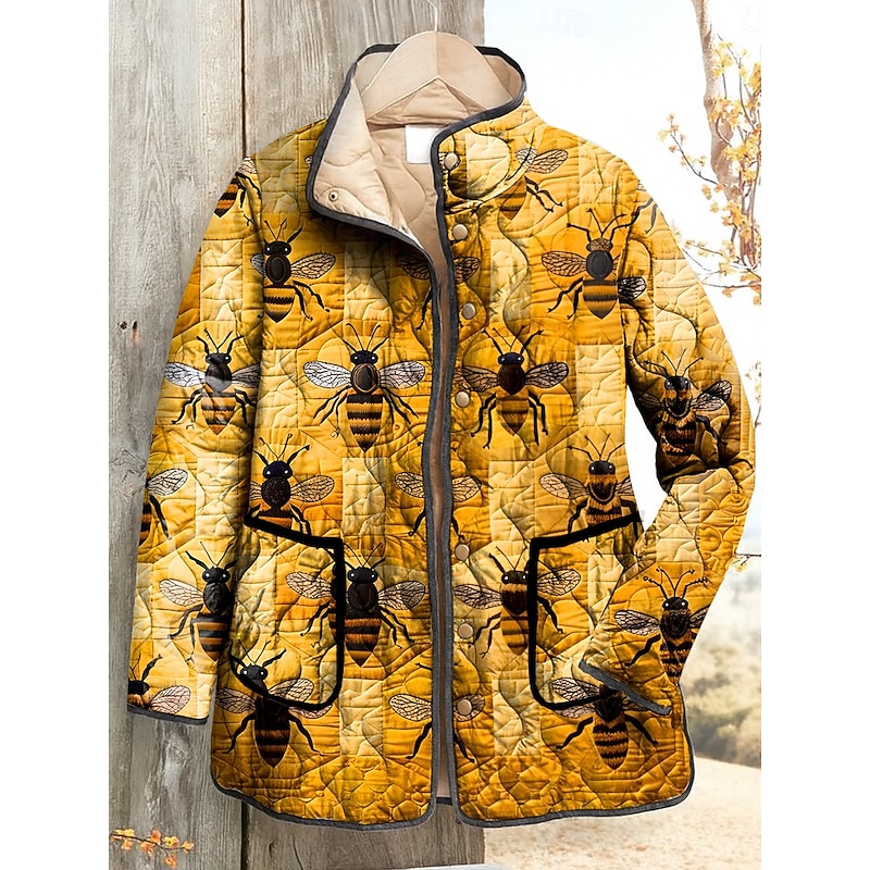 Women's Winter Jacket Quilted Jacket Warm Lightweight Print Elegant Vintage Fashion Abstract Vacation Home Office / Career Casual Short Stand Collar Regular Fit Long Sleeve Outerwear Yellow Light3