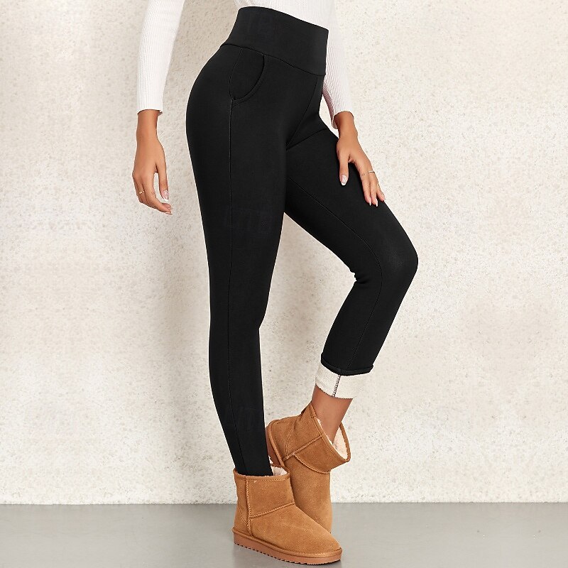 Women's Chinos Leggings Cozy Fleece Lined Vacation Vintage Streetwear Full Length Medium Waist Plain Pocket Elastic Waist Warm Comfortable Micro-elastic Outdoor Daily Weekend claret Dark-Gray Black3