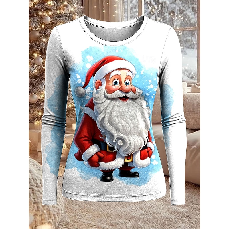 Christmas Women's T Shirt Graphic Santa Claus Fashion Casual Long Sleeve Crew Neck Regular Tops Daily Weekend Print Black White Pink Red Spring Fall Winter4