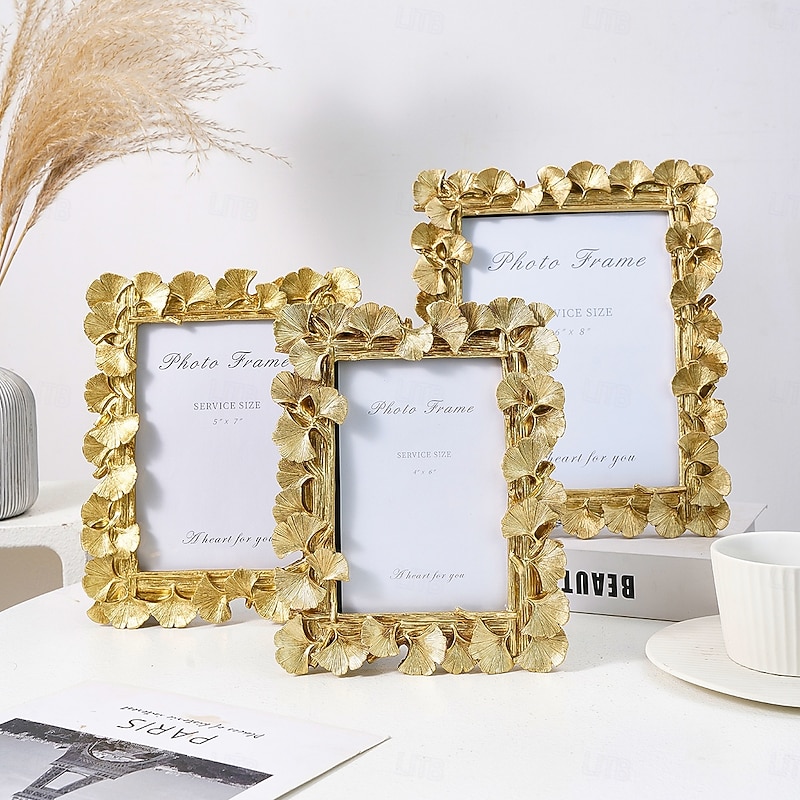 Vintage Gold Ginkgo Leaf Decorative Photo Frame, Dual Orientation Picture Frame with Random Insert Paper for Home Décor and Photo Display