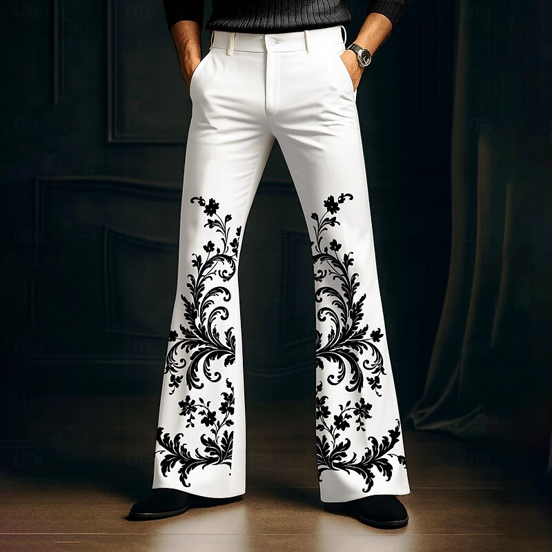 Men's Floral Print Flowers Disco Pants 60s 70s Bell Bottoms Mid Waist Western Vintage Retro Outdoor Party Casual Side Pockets Flared Leg Pants Trousers Spring Fall 3D Print Black And White Red2
