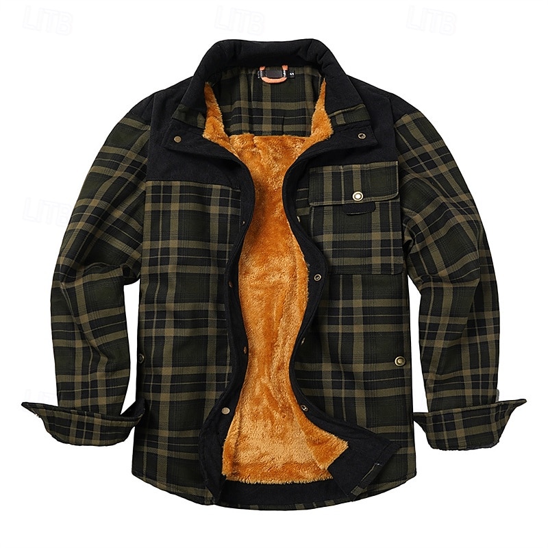 Men's Shirt Jacket Sherpa Jacket Shacket Vacation Daily Thermal Warm Pocket Fall Winter Plaid Fashion Classic Lapel Regular Black Red Dark Green Green Drak Red Jacket4