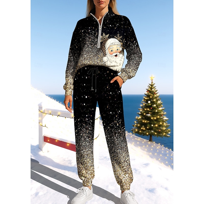 Christmas Women's Sweatshirt Tracksuit Sweatsuit Drawstring Zipper Jacket and Sweatpants Athletic Clothing Set Spring Golden Casual Workout Outdoor Soft Baggy Long Sleeve Sport Activewear