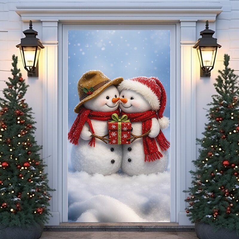 Christmas Door Cover Winter Holiday Curtain Decoration Festive Drapes Featuring Sleigh And Snowman With Merry Christmas Print Large Fabric Panel For Home Living Room Bedroom Entryway Wall Decor3