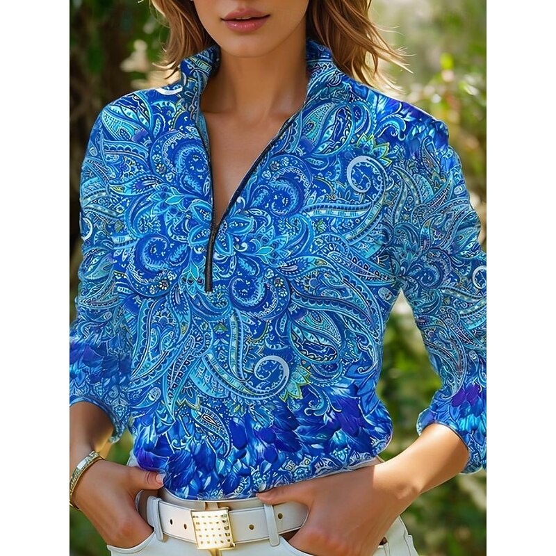 Women's Tunic Graphic Paisley Mandala Vintage Stylish Classic Long Sleeve Shirt Collar Regular Tops Daily Sports Going out Blue Summer Spring Fall