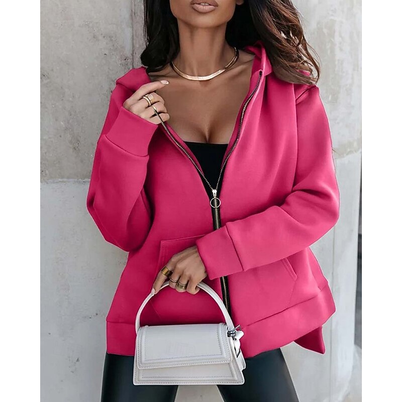 Women's Zip Up Hoodies Hoodies Plain Streetwear Casual Long Sleeve Hooded Regular Tops Street Casual Holiday Zip Up Pocket Dark Pink Red Brown Gray Fall Winter