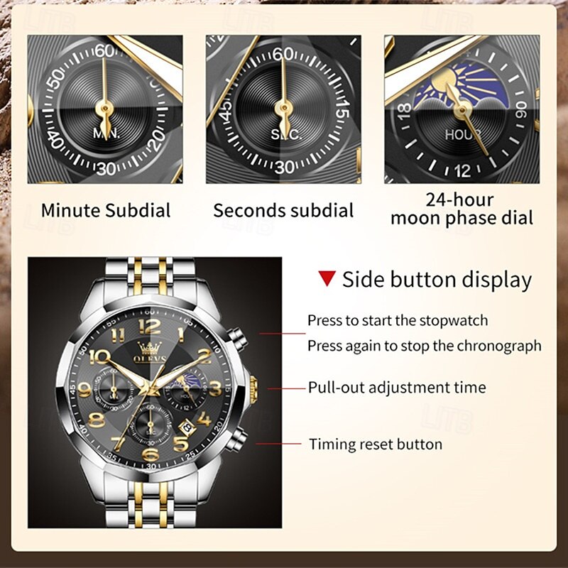 The New Olevs Men'S Business Watch A Multi-Functional Watch With Luminous Moon Phase Chronograph Digital Dial Waterproof Casual And Fashionable Quartz Watch And A Men'S Sports Wristwatch2