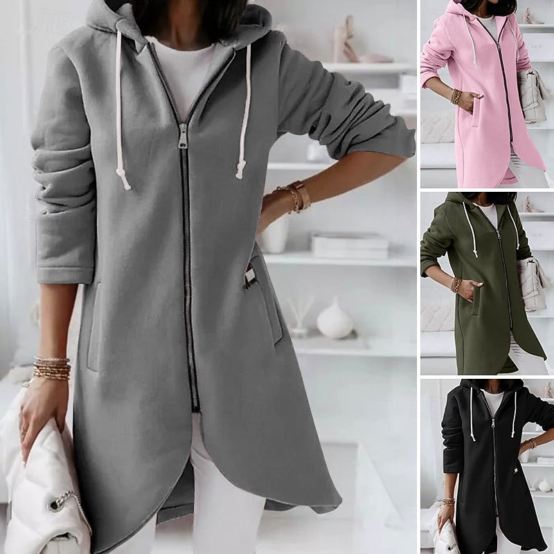 Women's Winter Coat Hoodie Jacket Warm Comfortable Zipper Pocket Irregular Hem Casual Plain Vacation Going out Weekend Long Hooded Regular Fit Long Sleeve Outerwear Black Pink Red Fall Winter