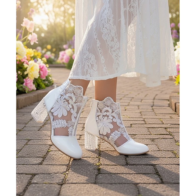 Women's Pink Lace Ankle Boots with Rhinestones Cute Floral Design Comfortable Dressy Shoes4