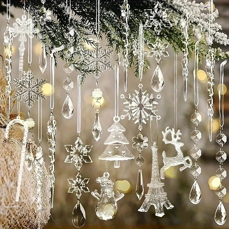 32pcs Crystal Clear Acrylic Christmas Tree Ornaments Set with Snowflakes, Reindeer, Icicle Bells & Twinkling Lights Effect Suitable for Party Decorations, Christmas, Birthday Celebrations