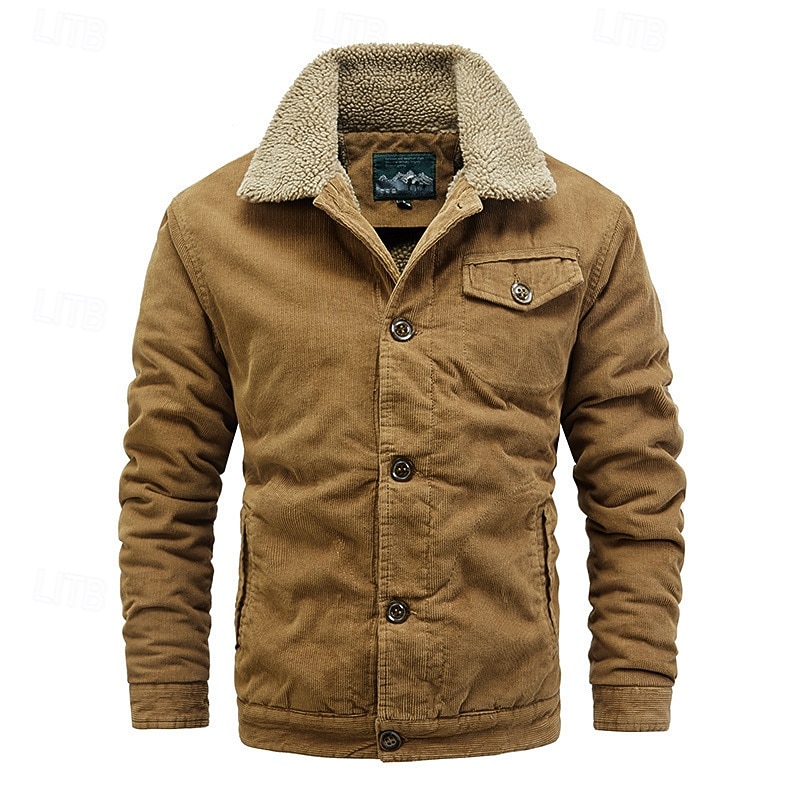 Men's Winter Jacket Corduroy Jacket Fleece Jacket Casual Jacket Vacation Daily Thermal Warm Pocket Fleece Winter Plain Fashion Streetwear Lapel Regular Khaki Army Green Coffee Gray Jacket