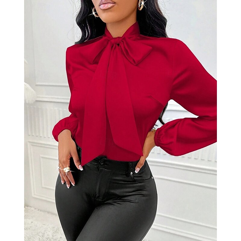 Women's Shirt Elegant Dressy Satin Solid Color Elegant Stylish Basic Long Sleeve Tie Neck High Neck Regular Tops Daily Going out Bow Red Spring Fall