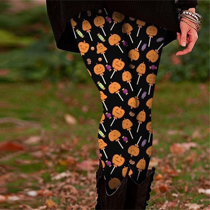 Women's Leggings Cozy Leggings Vacation Vintage Ethnic Style Full Length High WaistPantsUgly Christmas Pumpkin Printing Thermal Warm Comfortable Stretchy Vacation Casual Daily Orange Fall Winter Slim