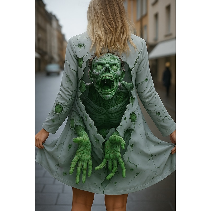 Halloween Skull Women's Cloak / Capes Quick Dry Lightweight Knit Active Exaggerated 3D Casual Long Collarless Regular Fit Long Sleeve Outerwear Light Green Pink Purple Fall